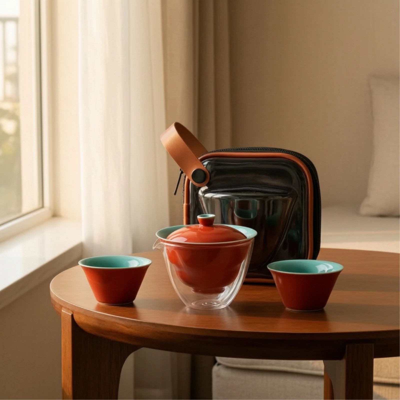 Ceramic Gaiwan Tea Set with Glass Pitcher Heat-Resistant Travel Gaiwan Tea Set with Case Space-Saving Easy to Clean