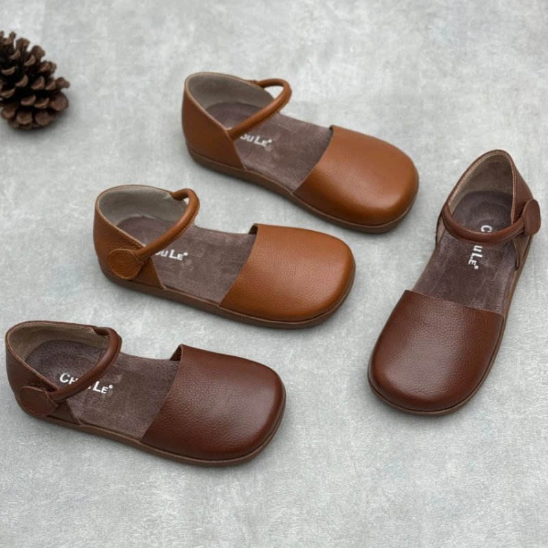 

Retro Women's Flat Sandals 2025 Summer Genuine Leather Luxury Handmade Quality Comfortable Fashion Soft Leather Ladies Shoes