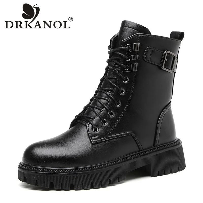 Drkanol-botas plataforma com salto grosso para mulheres, ankle boots de lã quente, estilo casual, street style, outono e inverno, 2024