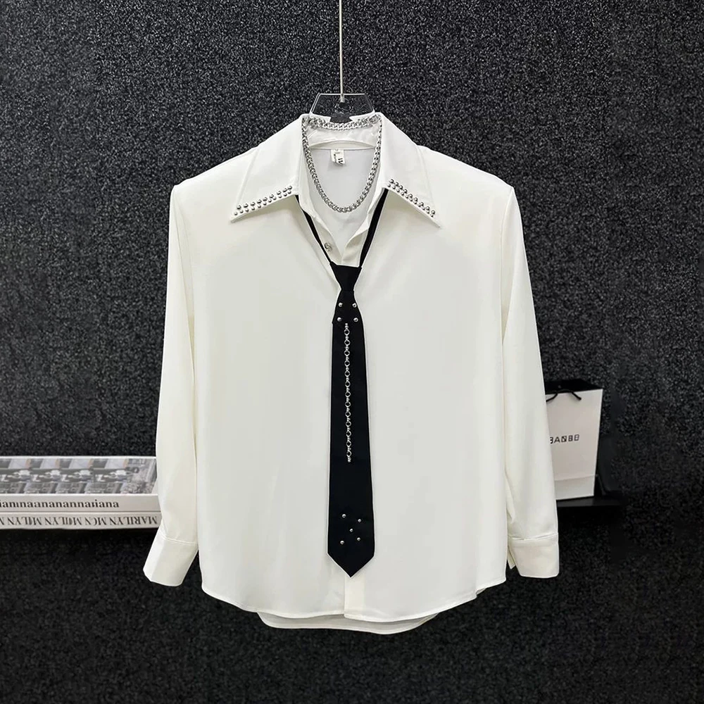 Mens Shirt Tie Korean Metal Rivet Shoulder Pad Street Wear Fashion Youth Campus Personality Long-Sleeved Top Men'S Clothing