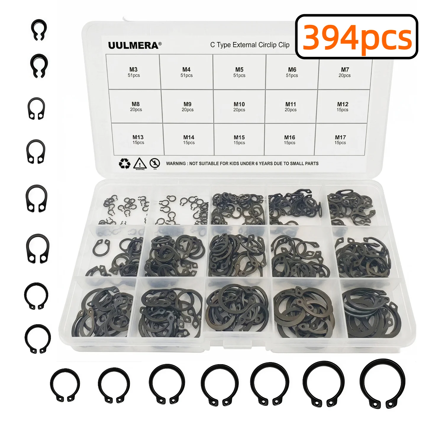 283/394/451Pcs M3-M25 Black Alloy Steel C Clip External Circlip Set Snap Ring Retaining Ring for Shaft Bearing Hardware