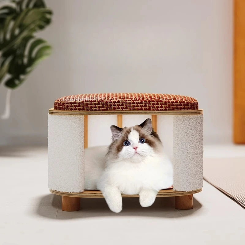 

Solid wood rattan mat stool breathable and moisture-proof cat nest