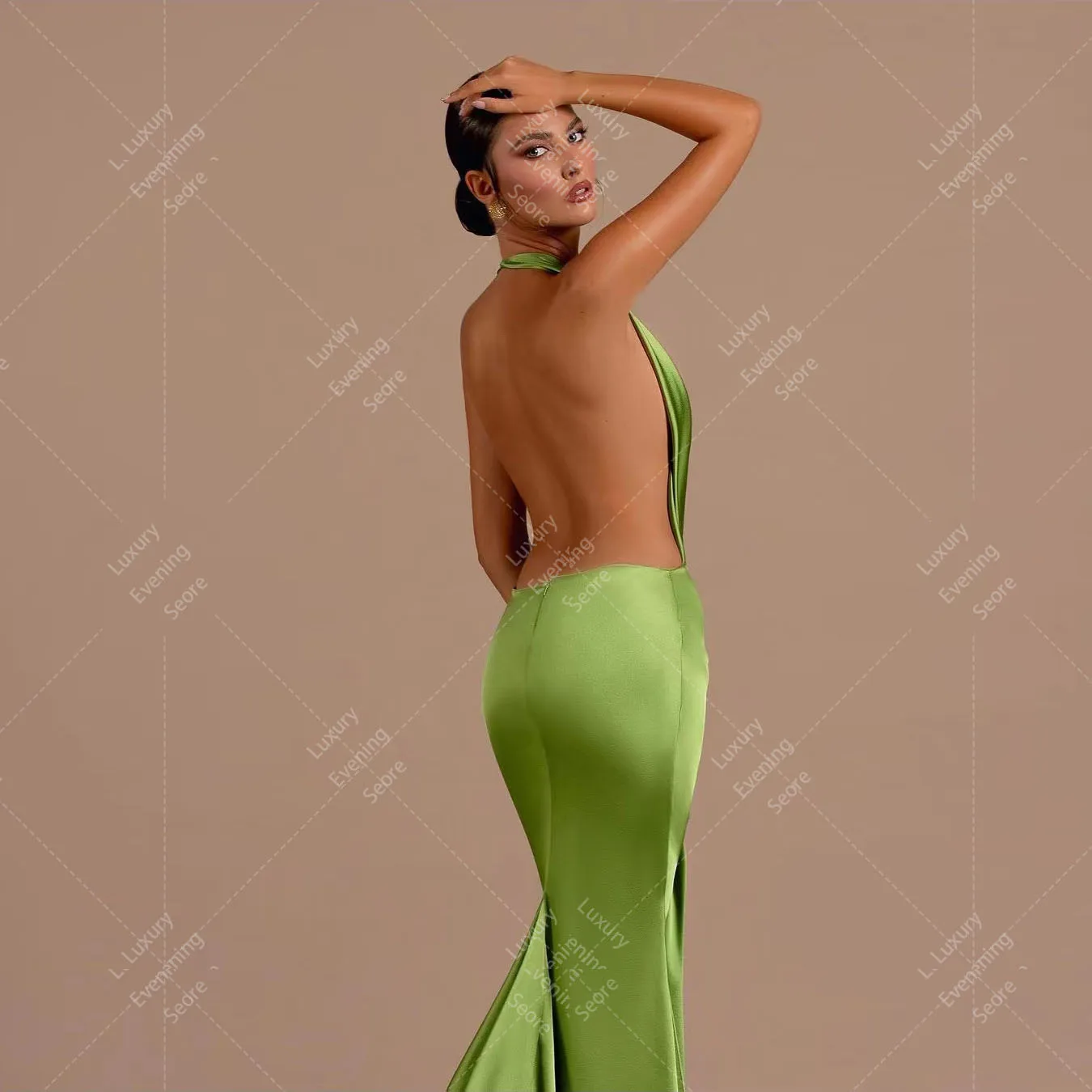 Modern Light Green Evening Dresses Woman's Mermaid Deep V Neck Backless Satin Formal Celebrity Fashion Elegant Party Prom Gowns