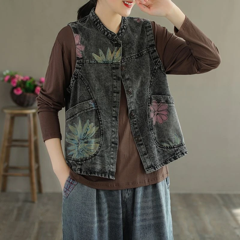 Gilet di jeans con stampa floreale retrò Mantello dimagrante stile etnico sciolto per donna Primavera Casual Chic ​