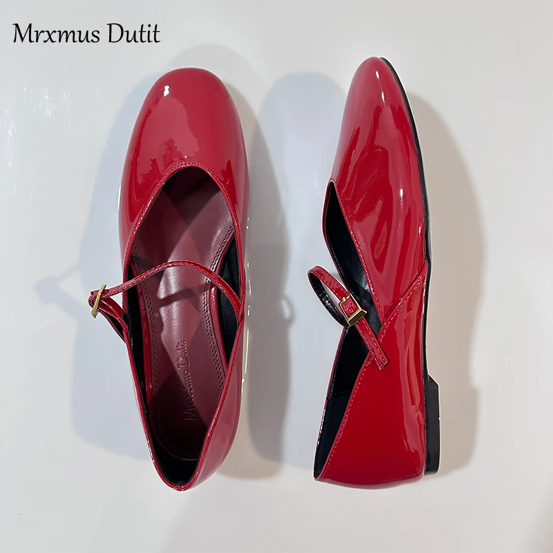 Mrxmus Dutit 2024Summer New Simplicity Fashion Red Patent Leather Mary Jane Flat Shoes Buckle Round Toe Flat Bottom Ballet Shoes