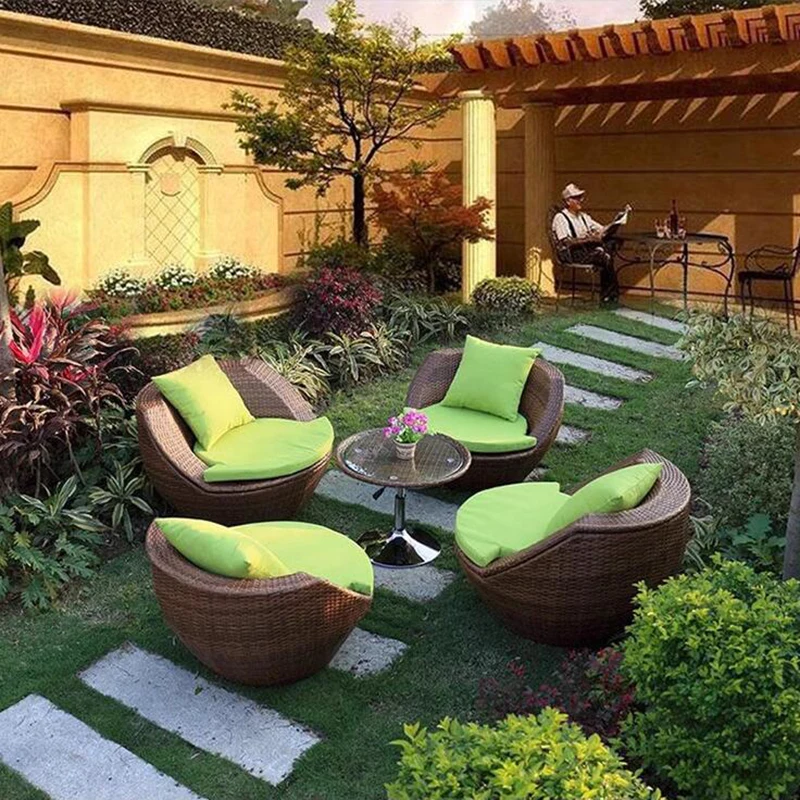 Porch PE Rattan Chairs, Patio Coffee Table Sets, Garden Wicker Lounge Chairs, 4 Seaters 1 Table Balcony Sofa, Outdoor Funiture