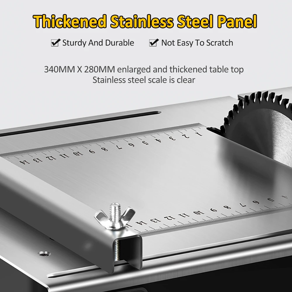 Mini Table Saw 2500W 340*280mm Woodworking Table Saw Stainless Steel Table Top with Angle Ruler and Adjustable Backing