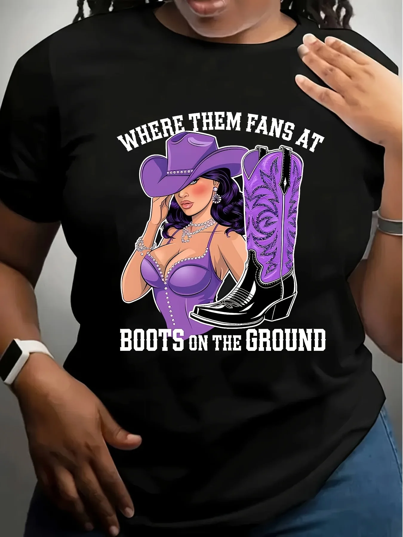 

Plus Size Women's "Boots On The Ground" Western Graphic T-Shirt - Black Cowgirl Dance Design with Purple Boots & Hat,