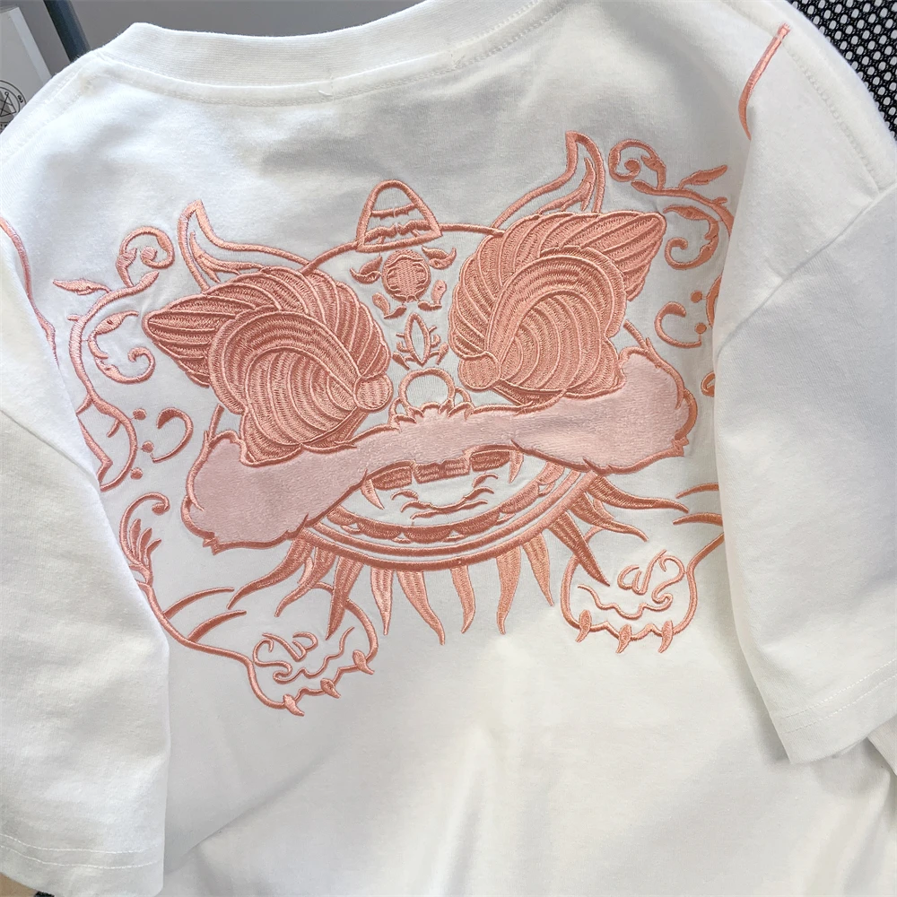 

Cool Style New Chinese Style Heavy Industry Embroidery Lion Awakening Short-Sleeved T-Shirts For Men And Women Summer Trendy