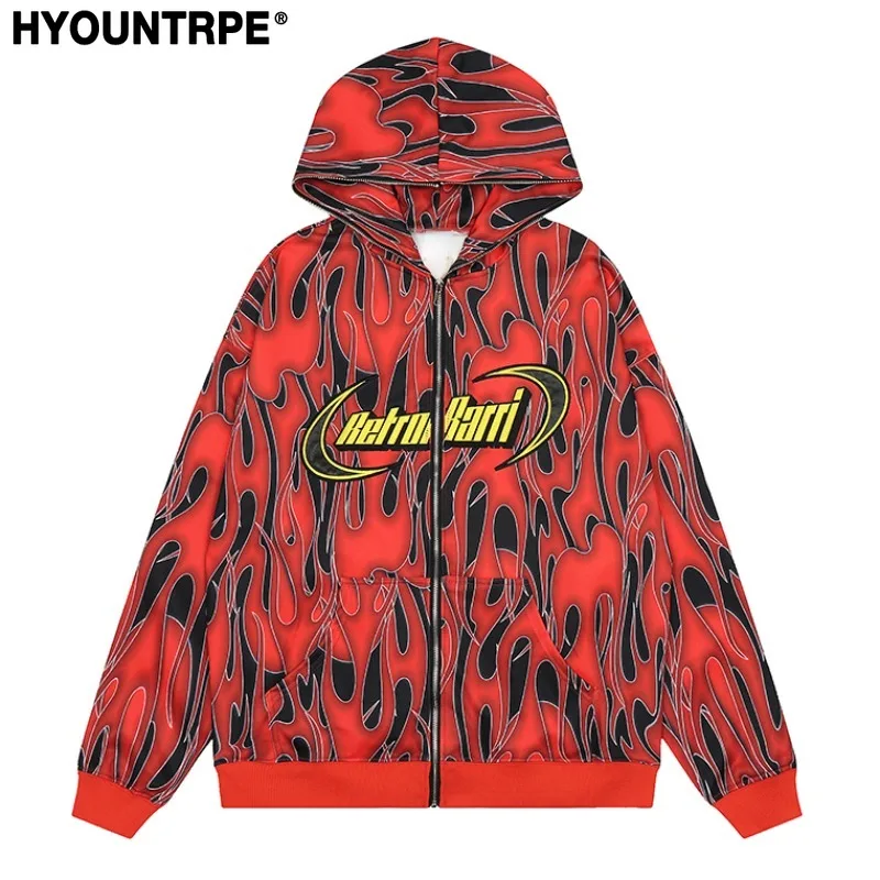 Mens Harajuku Fire Printed Hoodies Unisex Hip Hop Y2k Full Zipper Sweatshirt Streetwear Casual Hooded Warm Loose Tops Hoodies