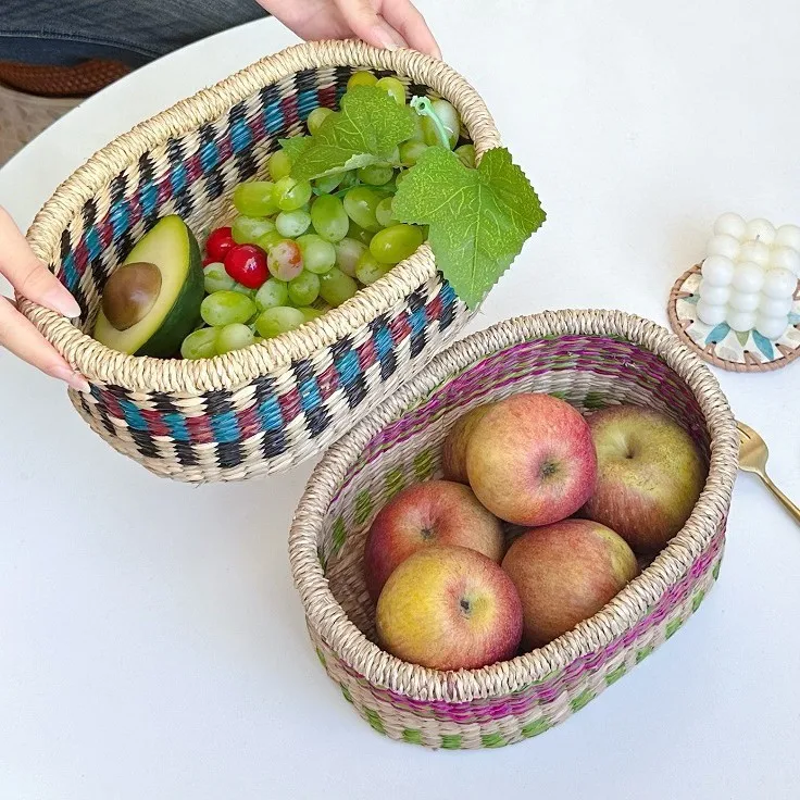 Handmade seaweed woven snack and fruit basket, ins picnic basket, African element decorative basket, cosmetics storage basket