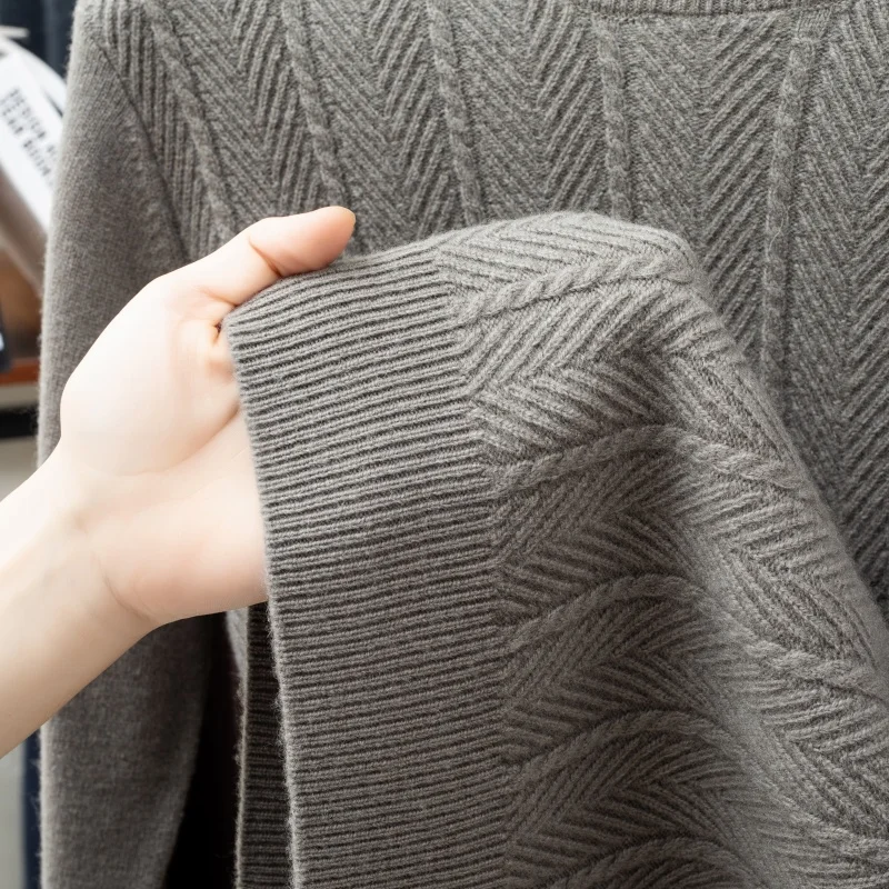 100% Wool Men's Thickened Sweater Crew Neck Knitted Pullover Long Sleeve Herringbone Pattern Autumn Winter Warm Classic Casual