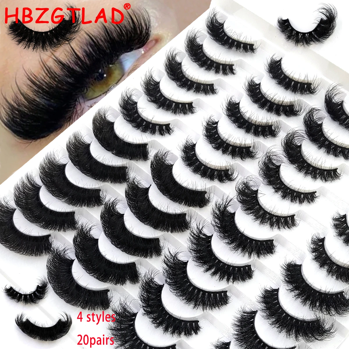 HBZGTLAD New Hybrid 20 pairs 5D Fluffy Eyelash D Curl Eyelash Thick Cat Eyelash Soft Wispy 5D Curl False Eyelash Extended Makeup