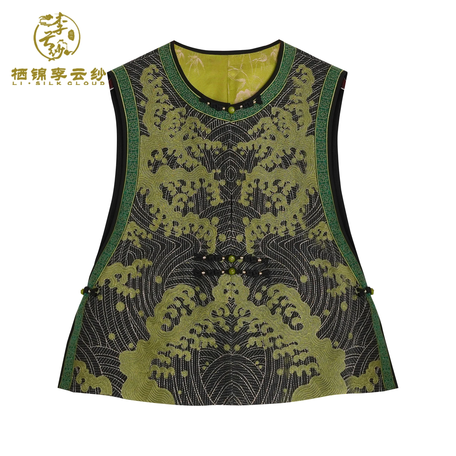 

LI SILK CLOUD xiangyunsha Vest-Chinese Style, Loose Fit, Traditional Embroidery Waistcoat Guangdong Black Pearl Guangdong Gauze