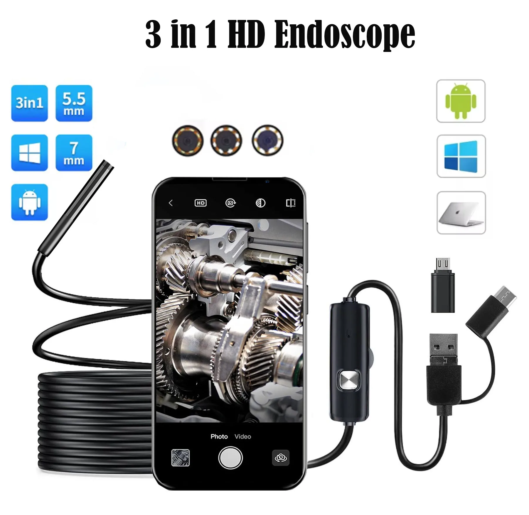 Endoscopio Android 3 en 1 para teléfono inteligente y PC, boroscopio de inspección de coche, microcámara USB, 5,5 MM, 7MM, tpye-c, 6 led, impermeable