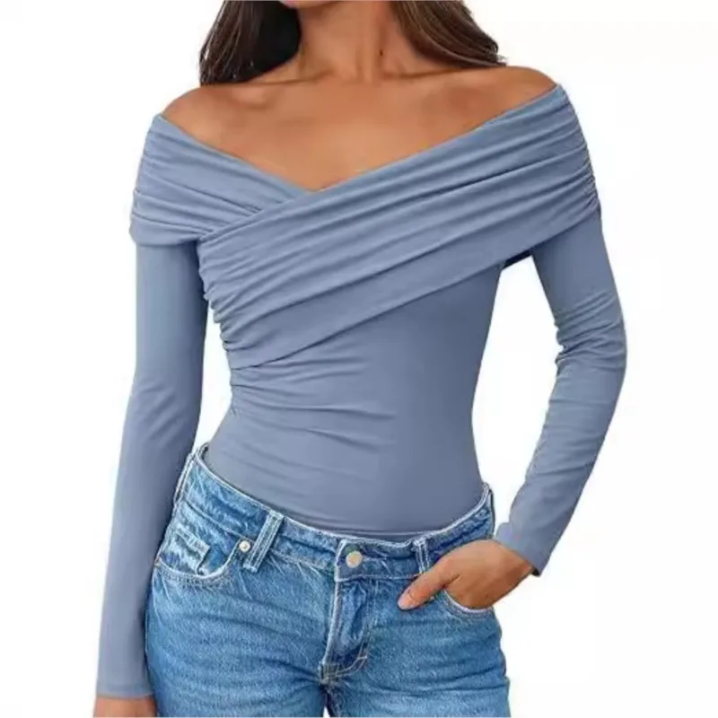 Polyester V-Fold One Shoulder Long Sleeve Tight Sexy Special Versatile T-shirt Women's Vetement Femme Tendance Camisetas Mujer