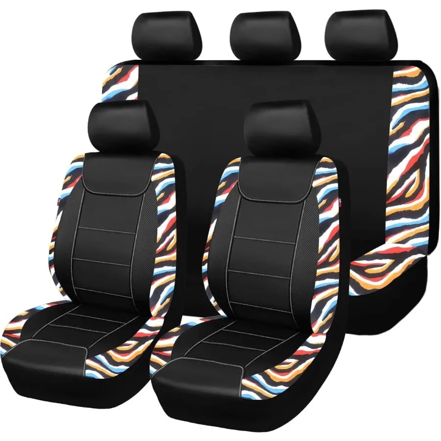 

Car Seat Covers Waterproof Faux Leather Carbon Fiber Front and Rear Bench Covers for Vehicles with MultiColor Zebra Black Desig