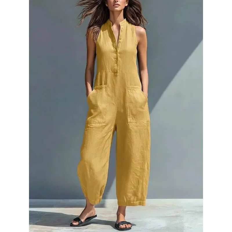 Cotton And Linen Jumpsuit Women Stand Collar Sleeveless Pocket High Waist Wide Legs Jumpsuits Casual Commuting Ladies Bodysuits