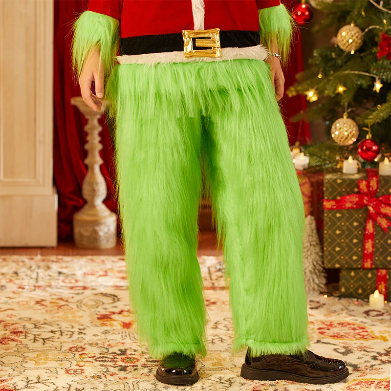 Costume de cosplay de Noël pour petits enfants, monstre à fourrure verte, père Noël à capuche, pantalon flou vert Y, ensemble pour garçons et filles