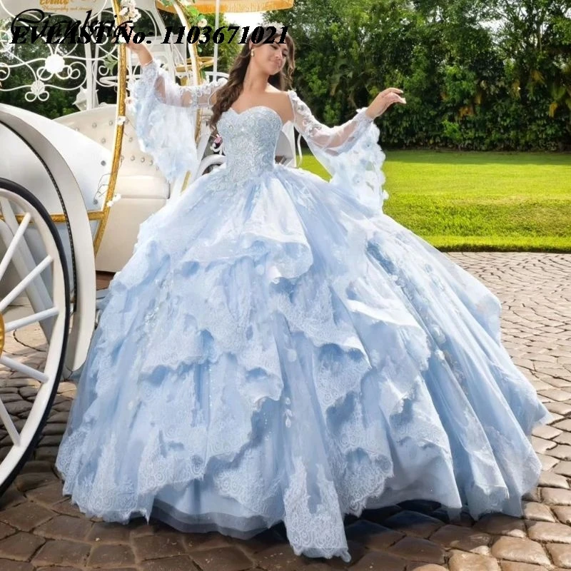 

EVLAST Customized Blue Quinceanera Dress Ball Gown Lace Applique Beading With Cape Corset Sweet 16 Vestidos De XV 15 Anos SQ61