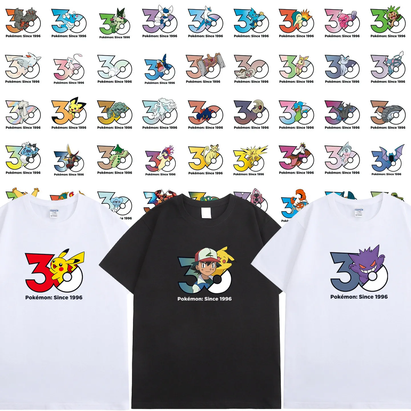 

Pokémon 30th Anniversary T-Shirt Anime Pure Cotton Printed T-shirt Men Harajuku Loose Casual Versatile Short-sleeved Loose Y2k