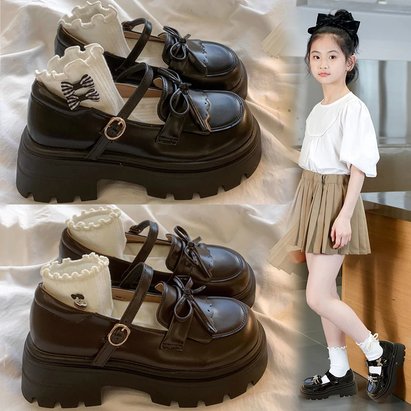 Girls Leather Shoes Kids Fashion Casual Shoes UK Style Soft Bottom Anti-slippery Versatile Princess Flats for School Party Cute