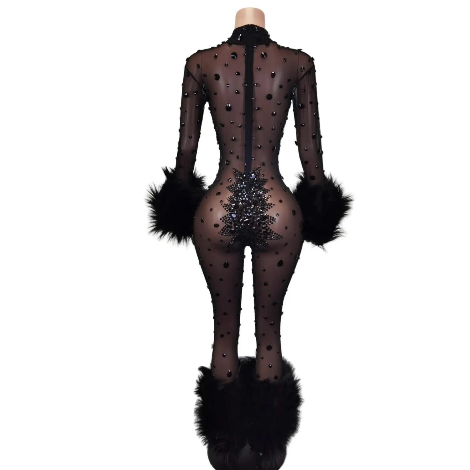 Luxury Shining Diamonds Rhinestones Feathers Long Sleeve Sexy Bodycon Jumpsuit Evening Dress Singer Stage Show Dress Guibin