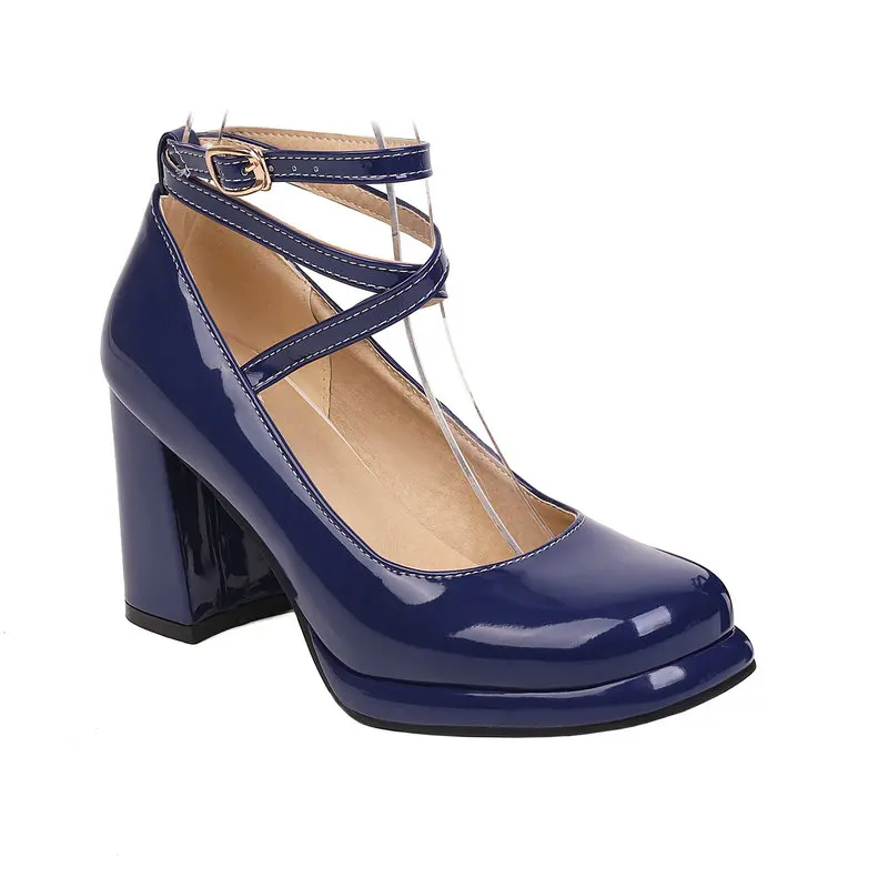 PU Patent Leather Navy Blue Green Heels Closed Toe Ankle Cross-strap Ladies Mary Janes Shoes Small Size 33 Square Chunky Heels