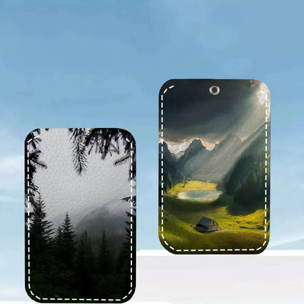 Natural Forest Landscape Card Case Keychain Access Card Bag Key Tag Ring Leather Card Holder Key Ring Access