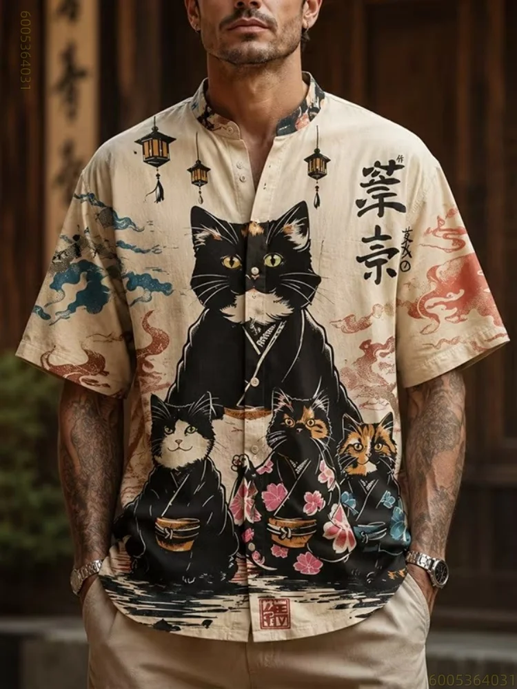 Men's short-sleeved shirt with black cat riding a shark print, Hawaiian style, suitable for commuting and parties, comfortable.