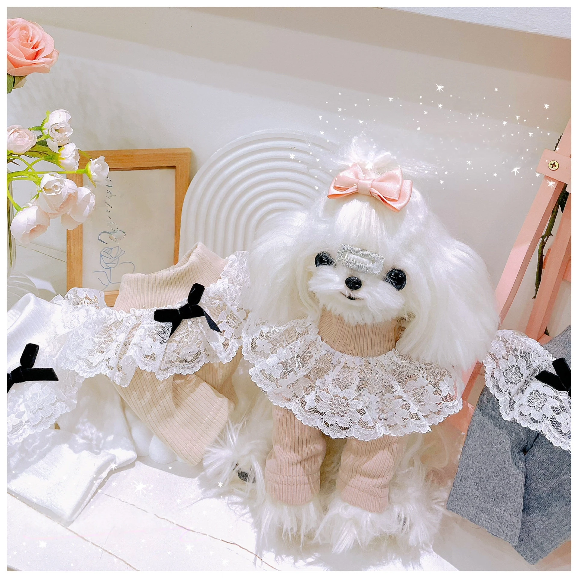 

Autumn Winter Thermal Warm Knitted Pet Clothes Cat Small Dog Yorkie Maltese Neck Lace Clothes For Dogs Sweet Bow Collar Sweater