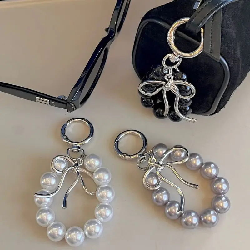 Delicate Beaded Key Chain Handmade Bow Shaped Keyring Heart Keychain Ornament Pearl Decoration For Bags And Phones