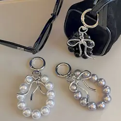 Delicate Beaded Key Chain Handmade Bow Shaped Keyring Heart Keychain Ornament Pearl Decoration For Bags And Phones