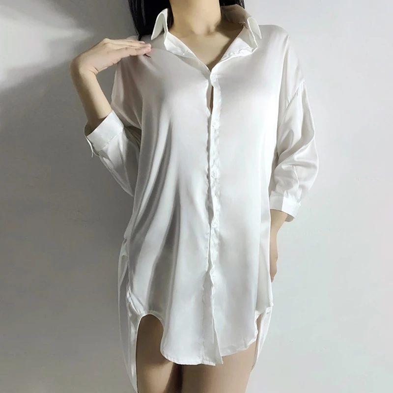 Summer Nightdress Sexy Sleepwear Boyfriend White Shirt Pajamas Long Sleeve Women Pyjamas Pijama Mujer Fashion Nightgown Lingerie