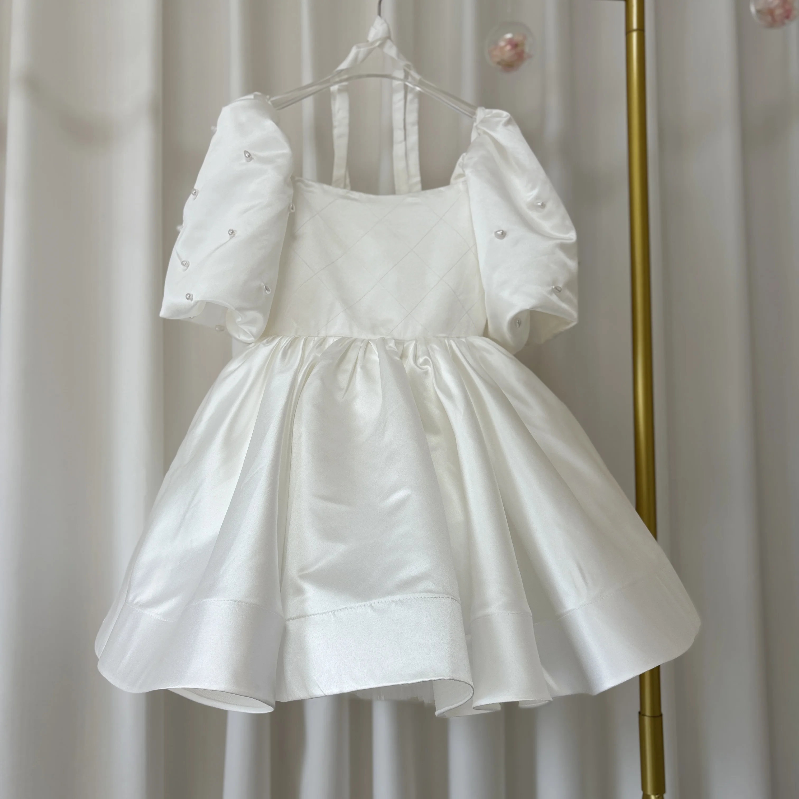 Jill Wish Elegant White Flower Girl Dress Pearls Princess Baby Kids Wedding Birthday First Communion Party Prom Gown 2024 J305