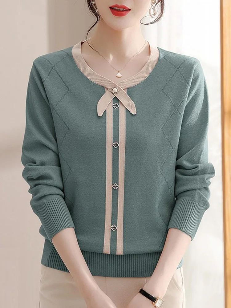 TuangBiang Autumn 2023 Rhinestone Button Bow Collar Pullover Winter Warm Loose Elegant Sweater Korean Women Fashion Knitted Tops