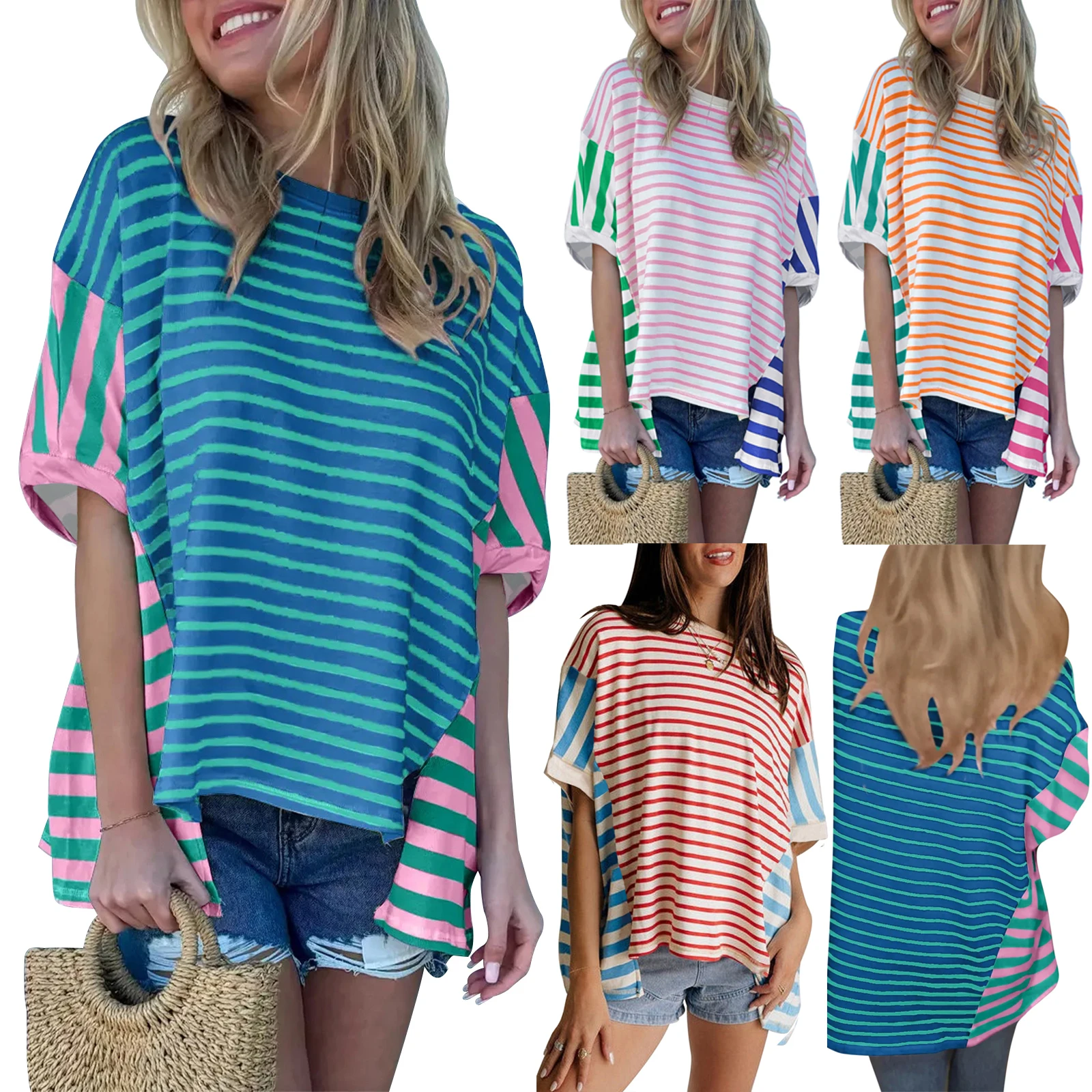 Women Stripe Colorblock Patchwork Baggy T Shirt Casual Short Sleeve Round Neck Tees Comfortable and Relaxed T-Shirts