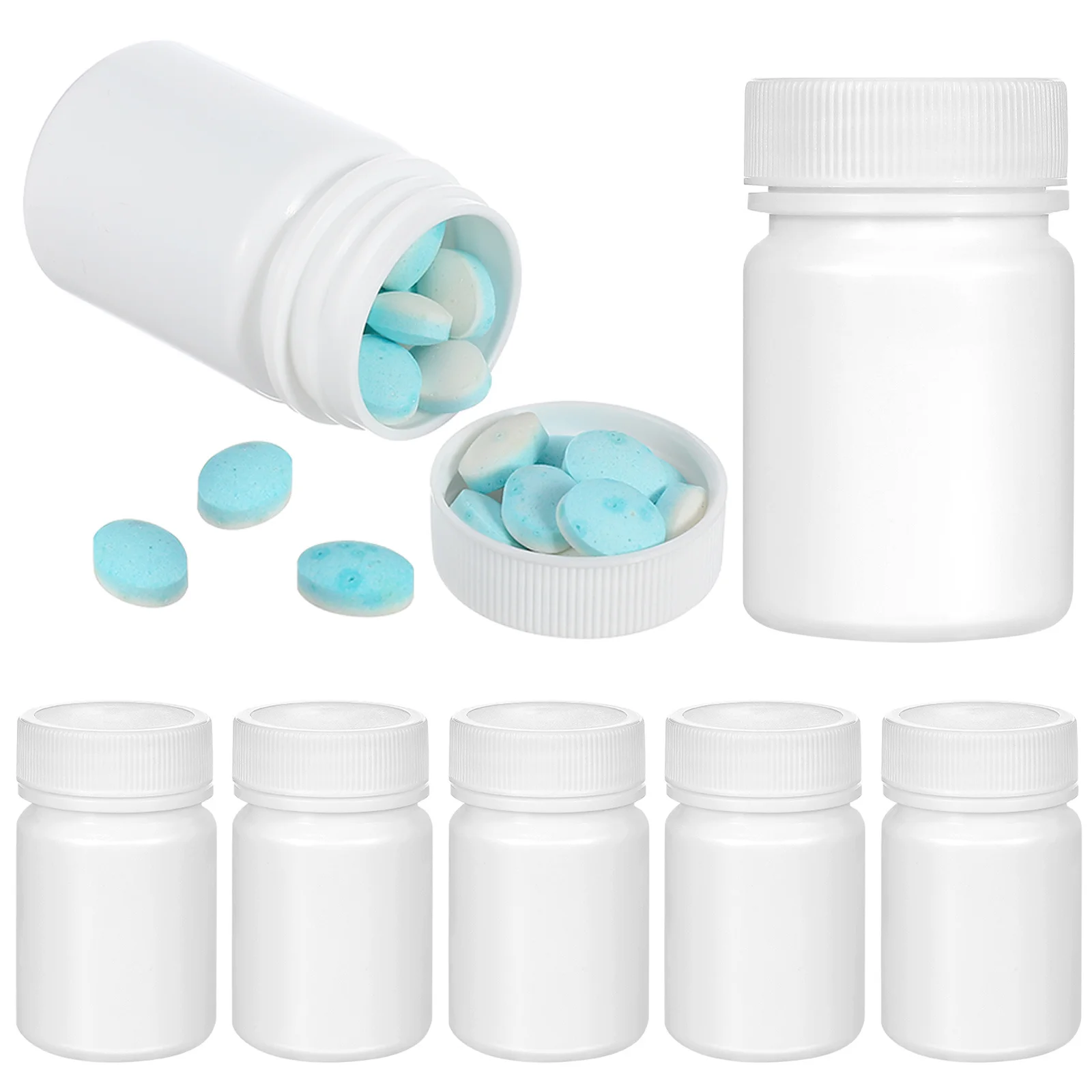 20 piezas contenedor de pastillas de 50Ml, botella pequeña portátil para pastillas, soporte para tableta de viaje, botellas de almacenamiento de cápsulas blancas, medicamentos