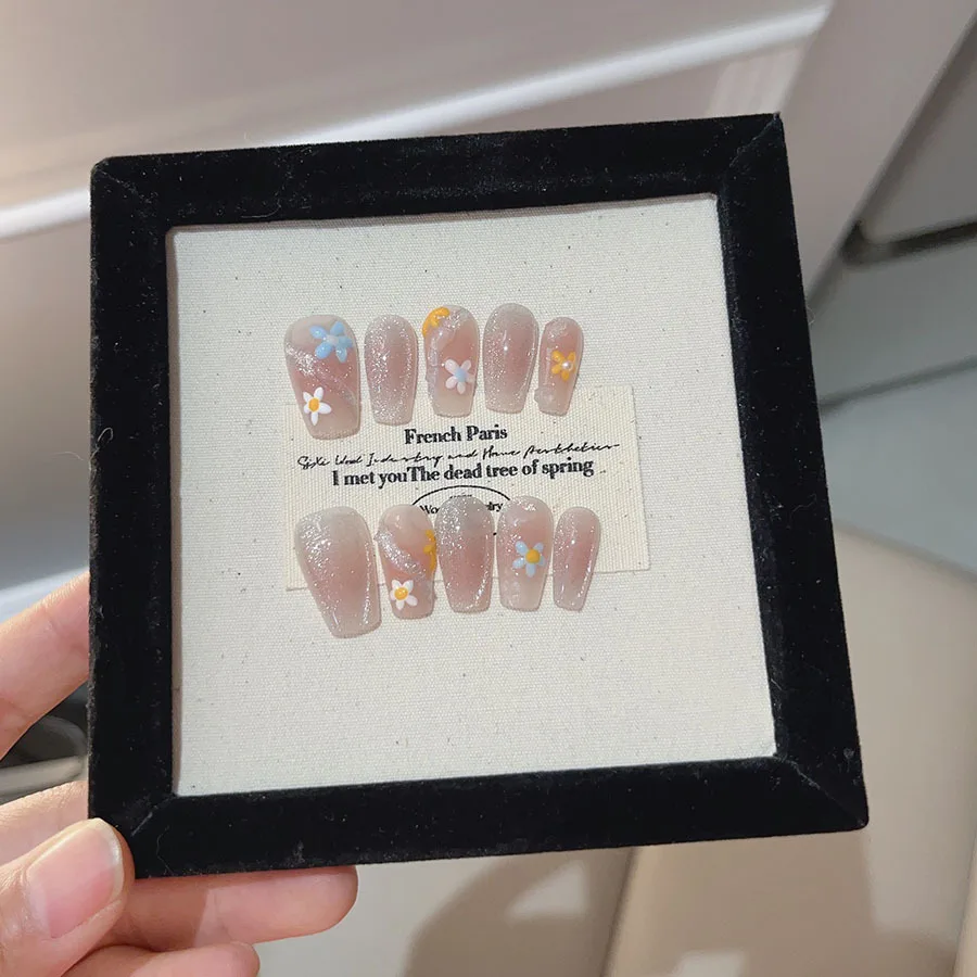 Faux ongles en acrylique faits à la main avec diamant brillant, nail art Everisonne, doux, ballerine, floral mignon, rose, blush, pointe, N64, 3D, 10 pièces