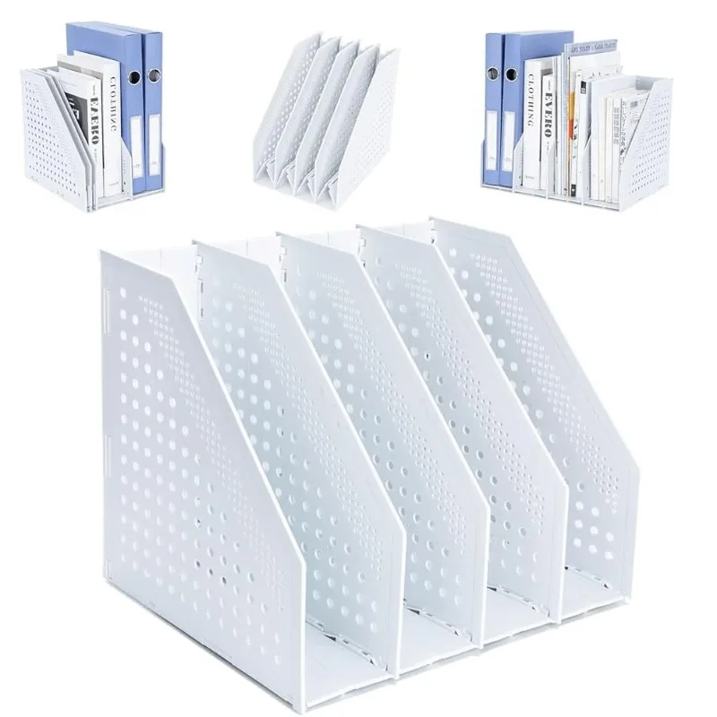Heavy Duty Foldable Magazine File Organizer, 4 Vertical Compartments Plastic Document Rack, Space Saving for Office Home Library