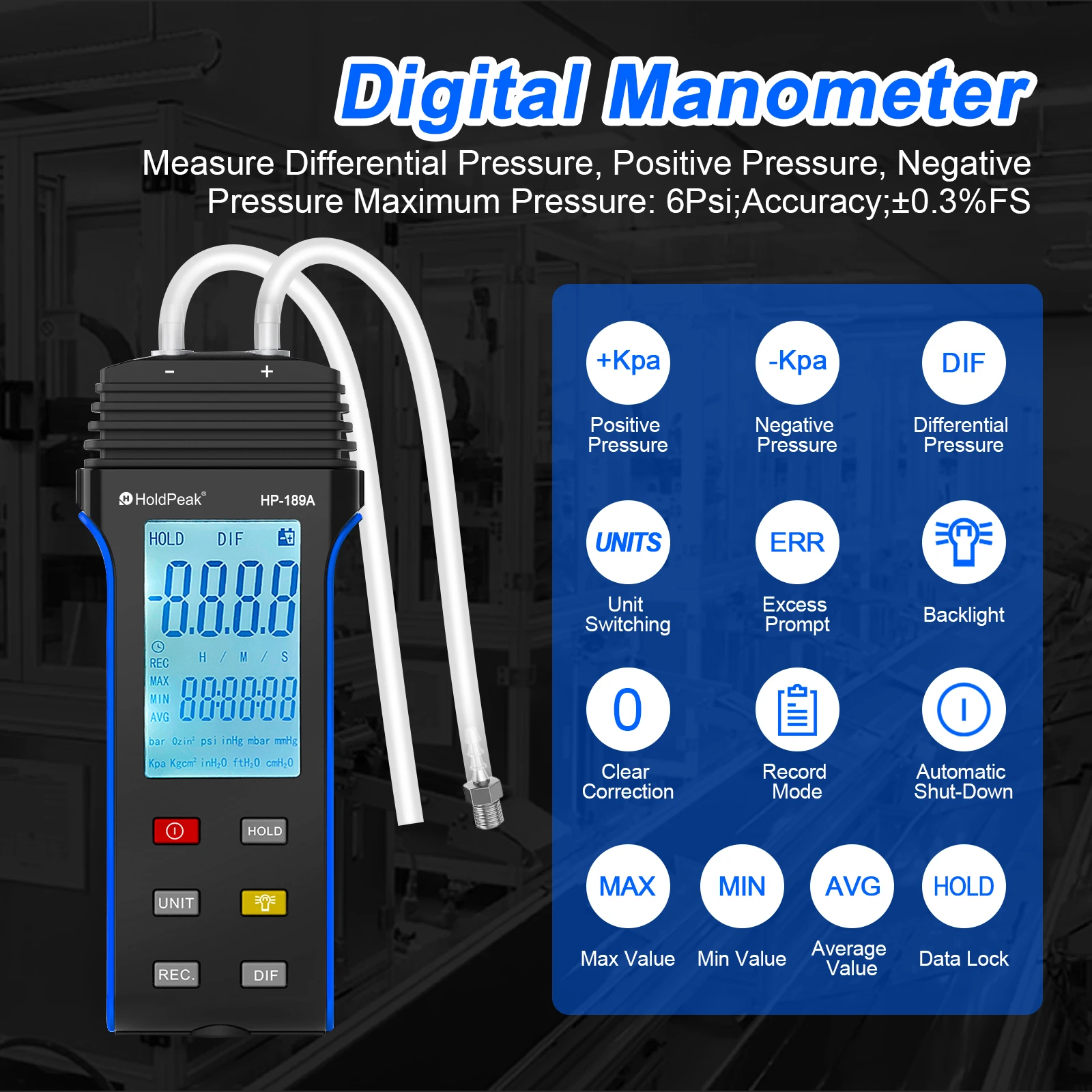 HoldPeak HP-189A Digital Manometer Multi-functional Pressure Gauge Multi-Gas System / Clear Readings / Switchable Units