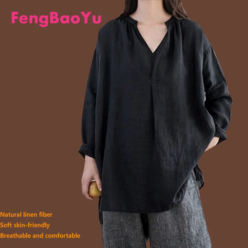 Fengbaoyu Linen Spring Summer and Autumn Ladies V-collar Long-sleeved T-shirt Loose Medium-long Size Black Tops Korean Fashion