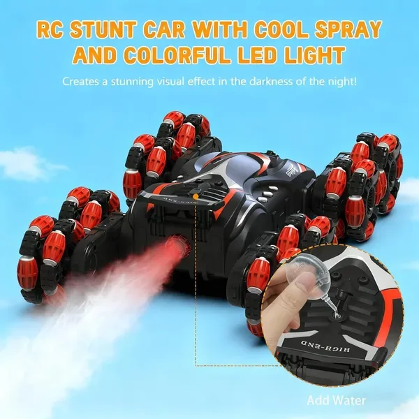 

Детская машинка на радиоуправлении для трюков - управление жестами + музыка, свет и распыление, внедорожная, с ручным управлением