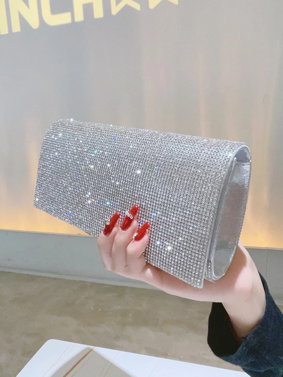 Glitter Clutch Rhinestone Purses For Women Evening Clutches Flap Envelope Handbags Large Wedding Party Prom Silver Crossbody Bag