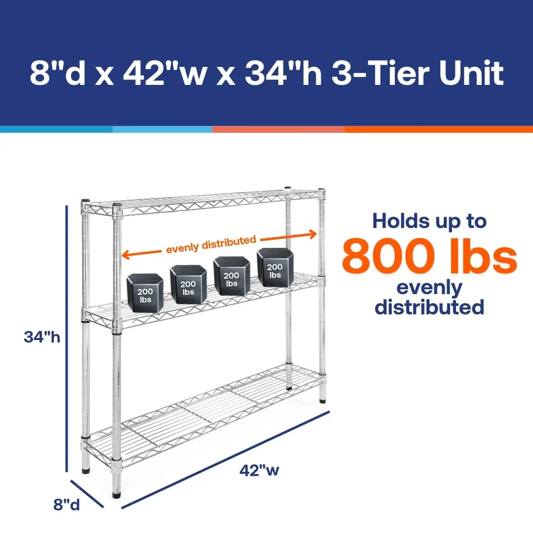 Chrome Wire Shelving 3 Tier Storage Rack 8x42 Inch Industrial & Home Organizer, Customized