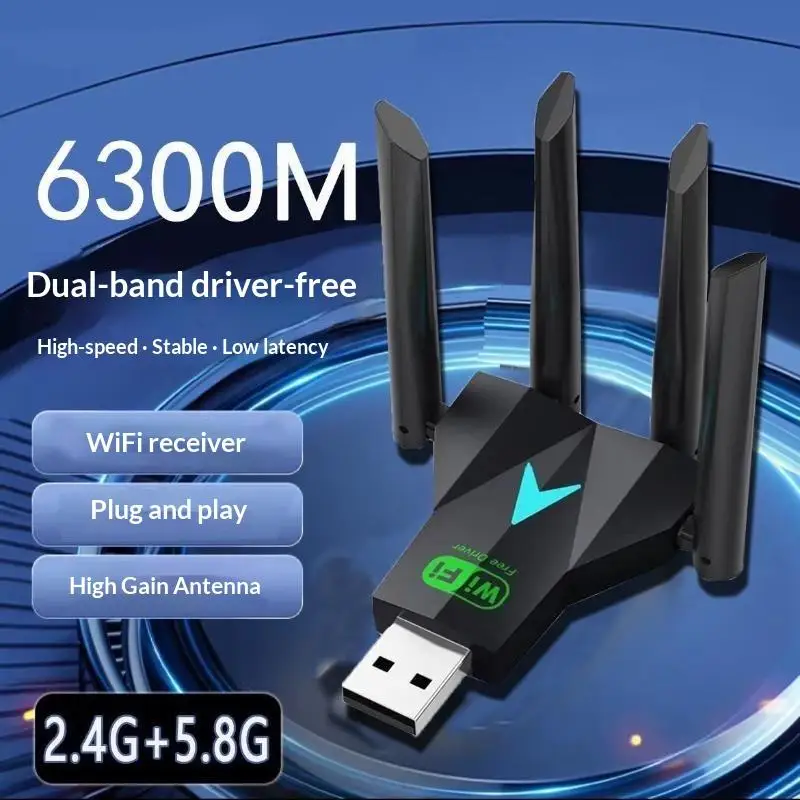 Wireless Receiver WiFi USB Adapter 6800Mbps Dual Band 2.4G/5Ghz 4 Antennas for PC Gaming Business Travel