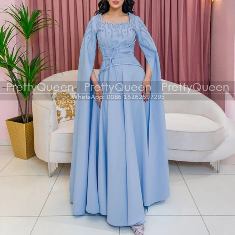 Customized Luxury Beaded A Line Mother Of The Bride Dresses With Long Sleeves Cape Square Neck Blue Satin Prom Dress Party Gown