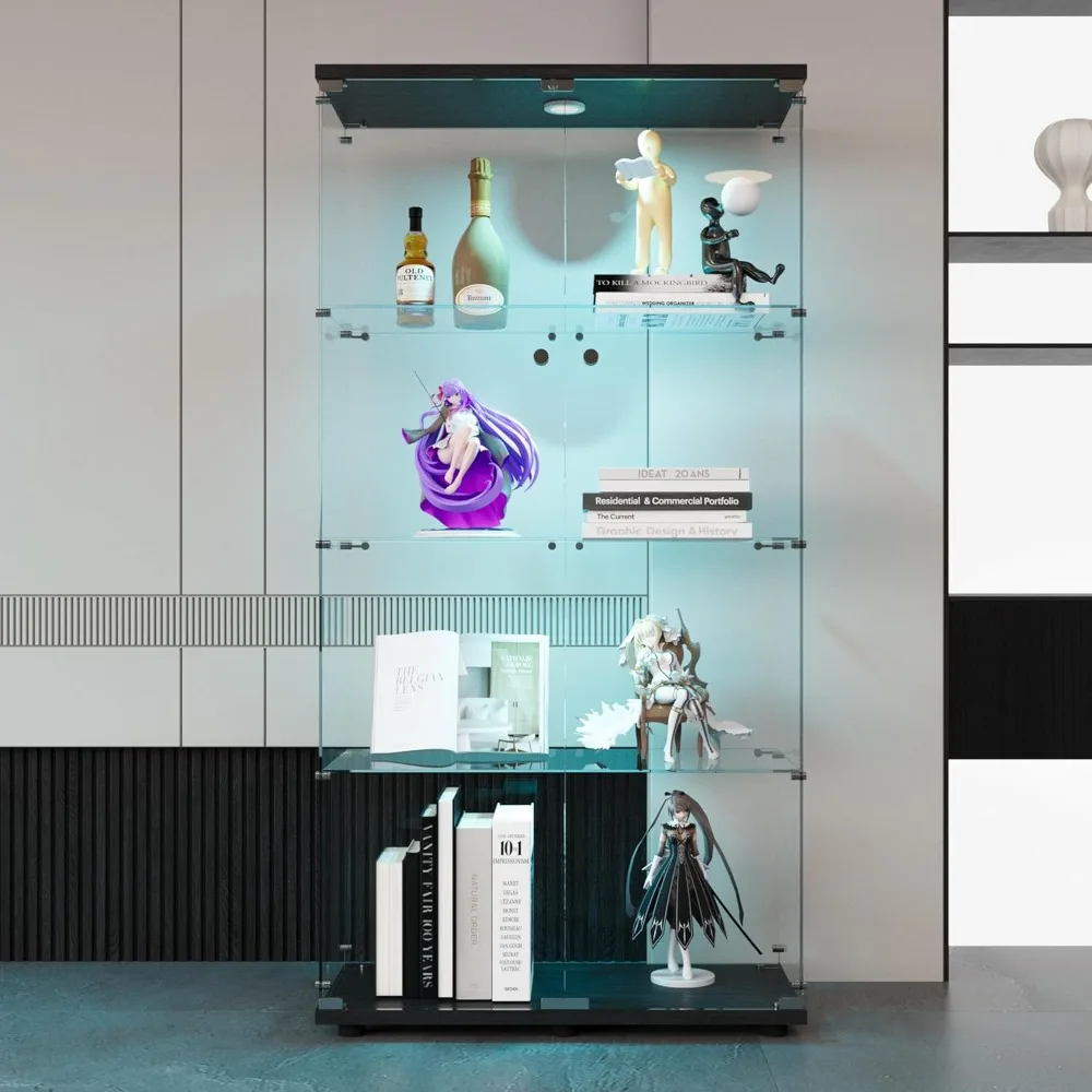 Vitrina de bola y vidrio fundido con 2 puertas transparentes y 4 estantes, escaparate de trofeo con luz de 3 colores, estantería Curio de suelo