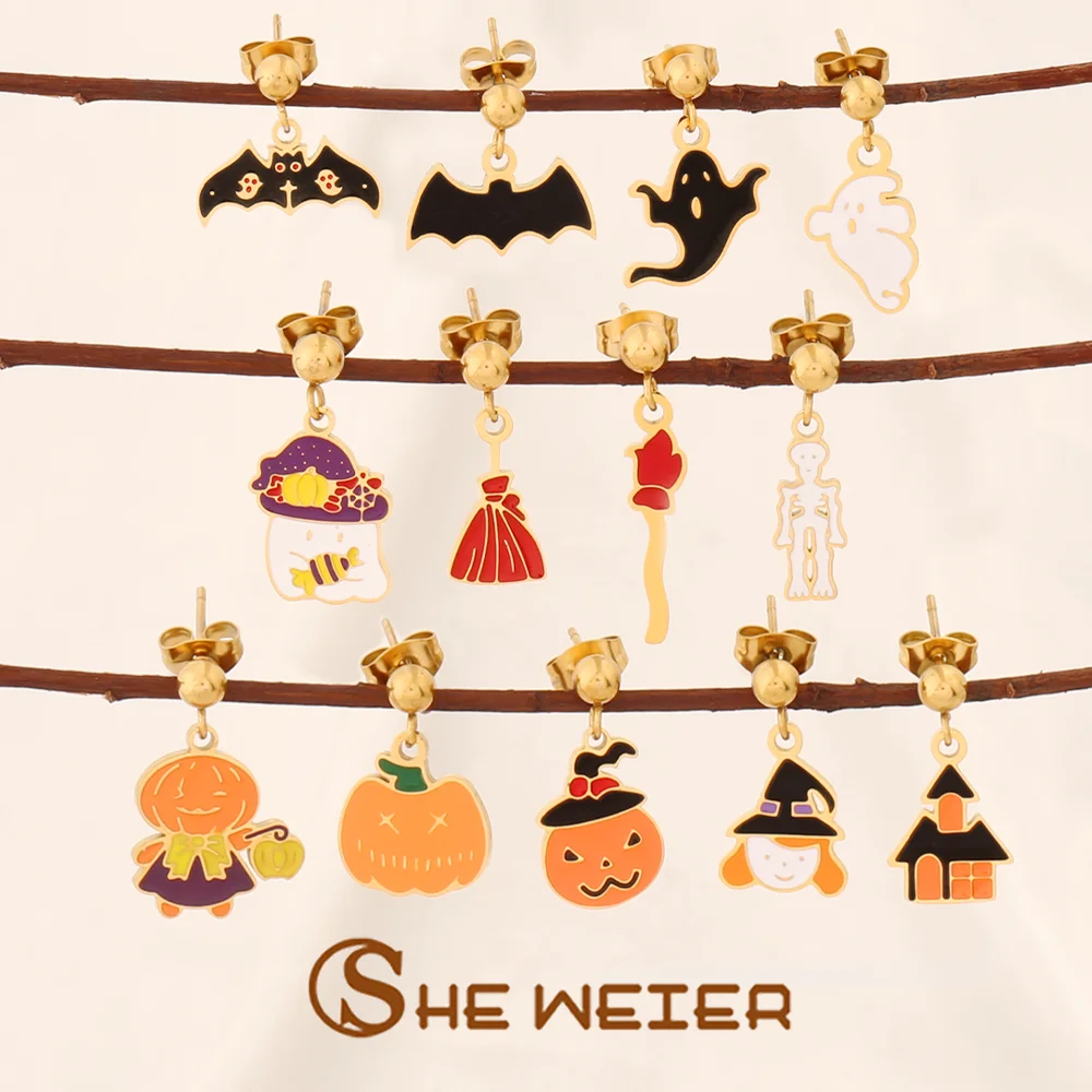 316L Stainless Steel Ghost Bat Pumpkin Pendant Earrings for Women Funny Broom Mummy Stud Earring Halloween Party Jewelry Gift