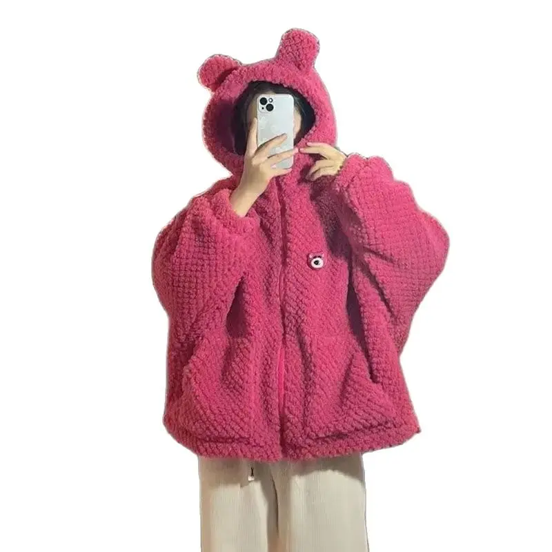 Pull à Capuche en Poils d'Agneau pour Fille, Manteau d'Hiver à la Mode, Dessin Animé, Chapeau Décoratif, Vêtements d'Étudiant en Peluche Optique, Veste Décontractée à la Taille